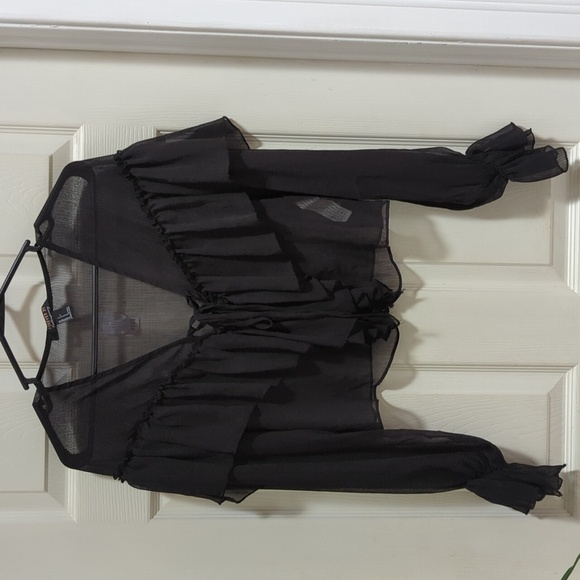 🐢Forever 21 Women's Black Sheer Cropped Blouse w/Ruffles Tie Front Size Small - Picture 1 of 9